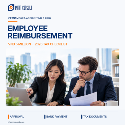 Employee reimbursement in Vietnam 2026 – finance professionals reviewing business purchase documents and a laptop