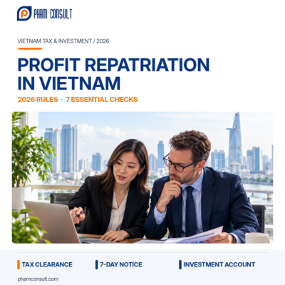 Profit repatriation in Vietnam 2026 – two finance professionals reviewing investment and tax documents in an office